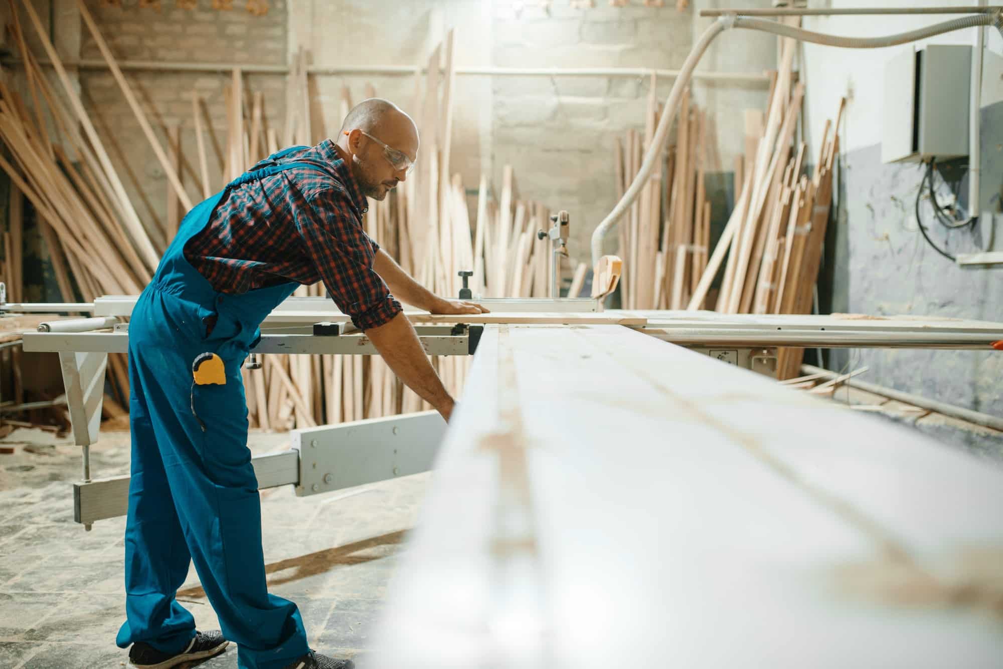 Carpenter at pc works with woodworking machine