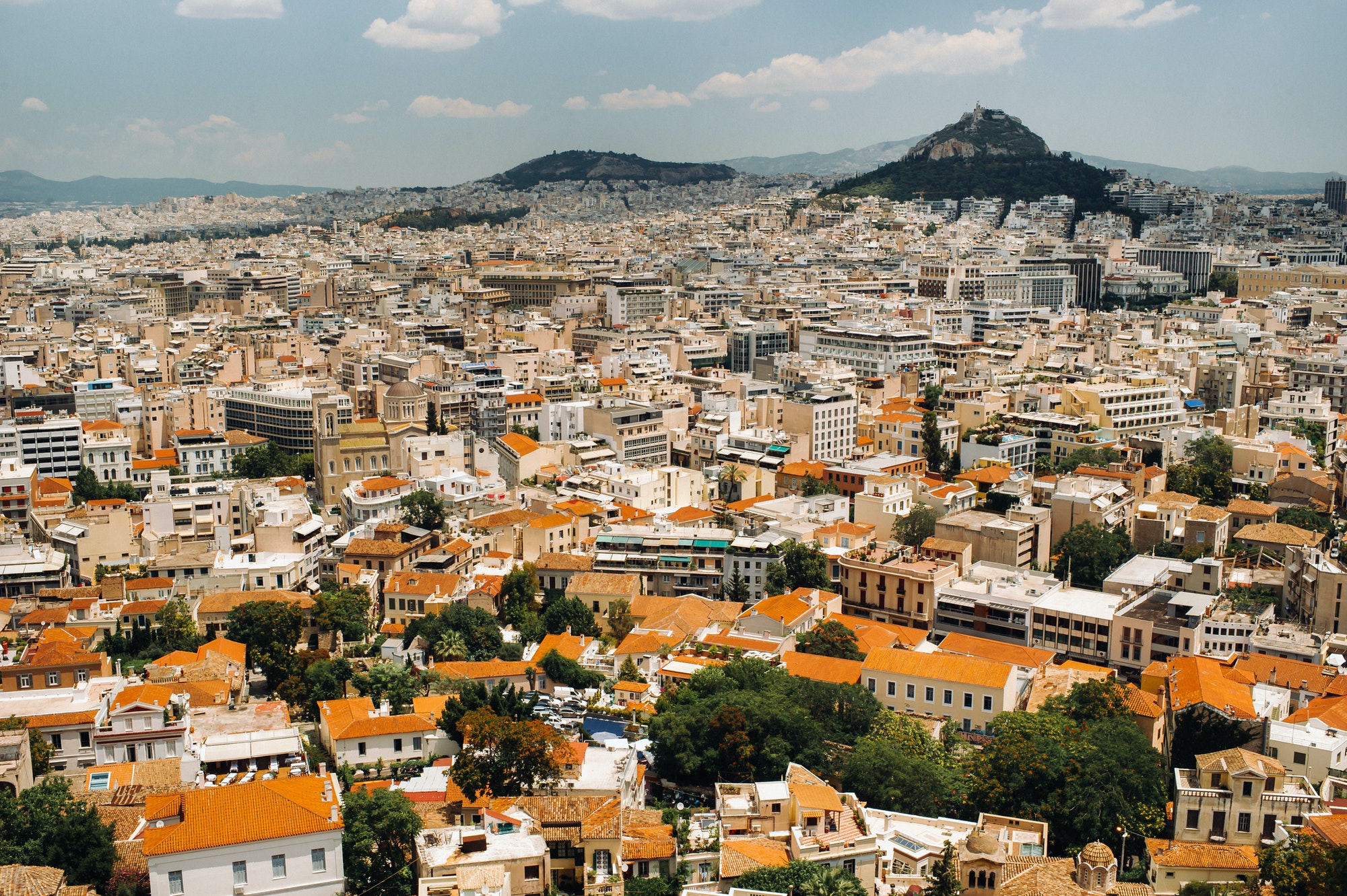 Cityscape of Athens and Lycabettus Hill in the background, Athens, Greece