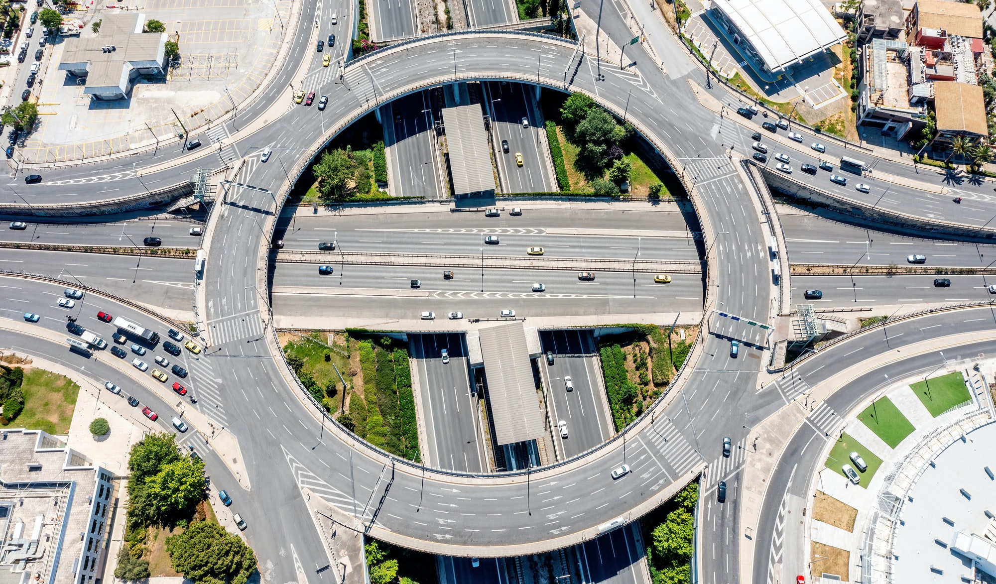 Attiki Odos toll road interchange with Kifisias Avenue, Marousi Athens, Greece. Aerial drone view