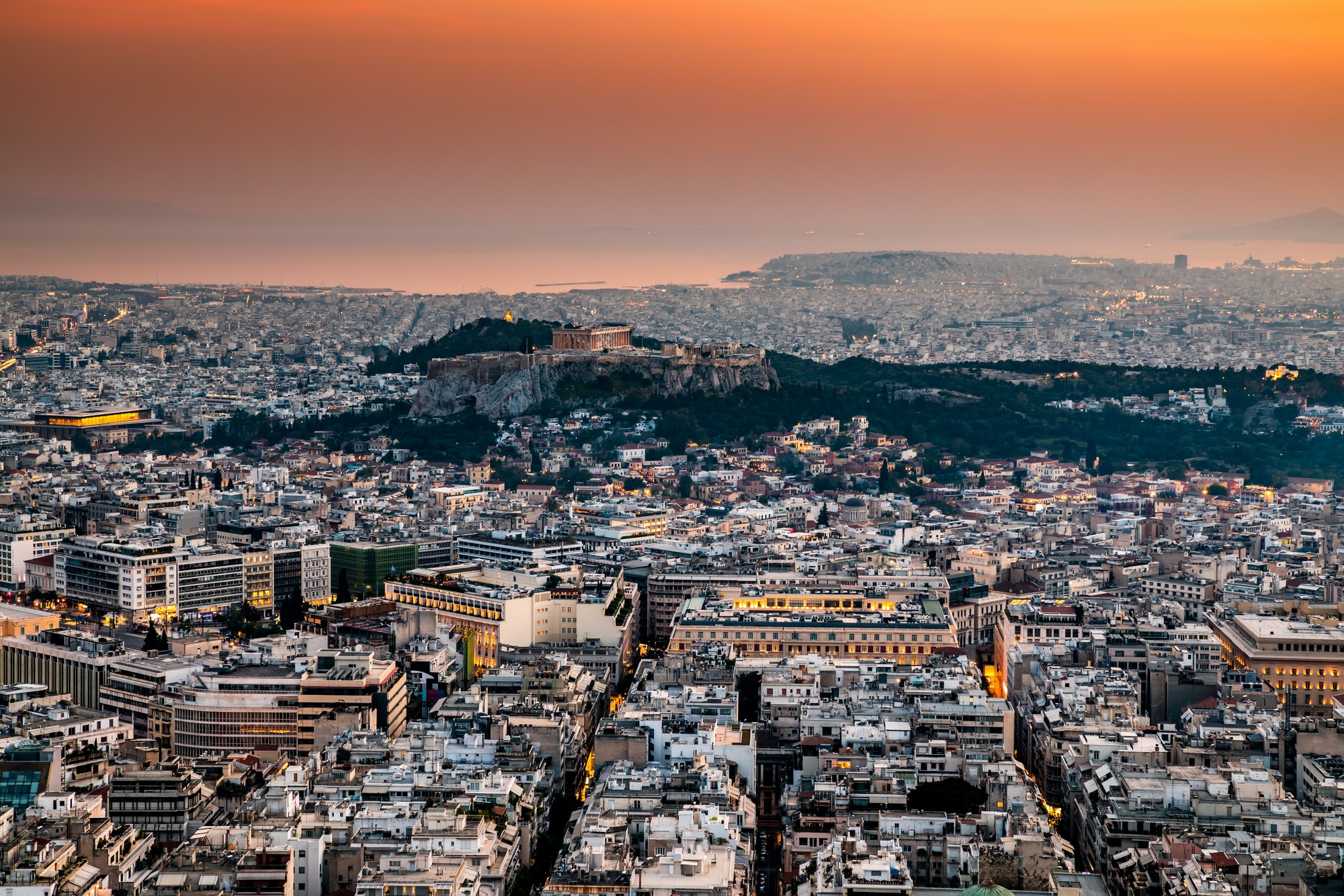 Scenic panoramic view on Acropolis in Athens, Greece at sunset.